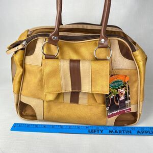 NEW w TAG! Yellow Brown SMALL PET CARRIER! Soft Travel Bag Vents Pockets Leather